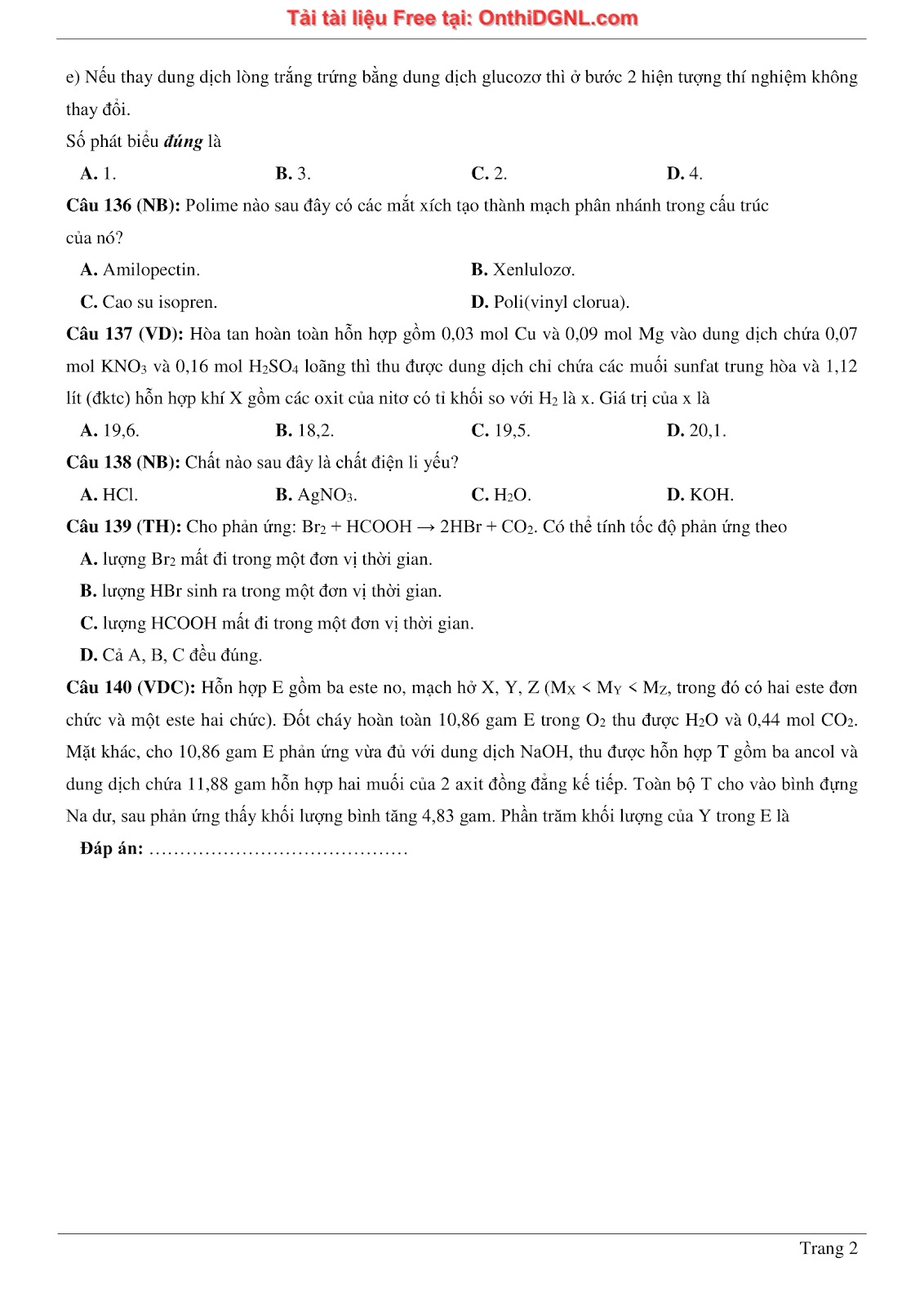 260 bài tập môn Hóa học - Ôn thi ĐGNL ĐHQG Hà Nội Phần 12