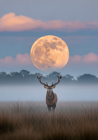 Stag Under Supermoon at Dawn