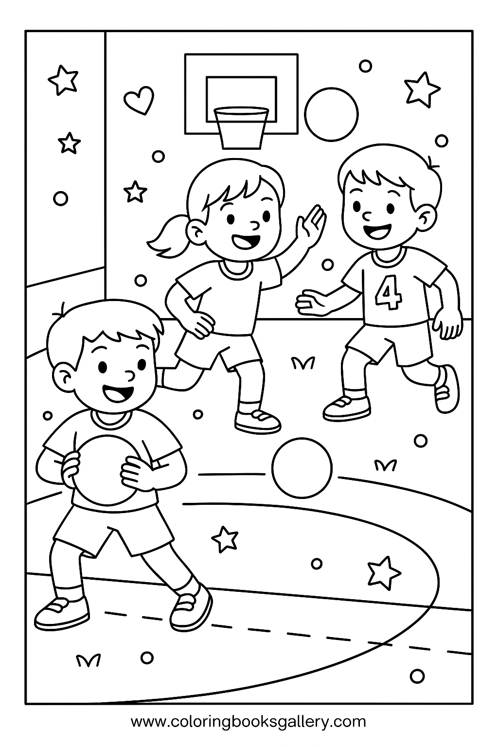 Kids playing dodgeball in the gym – Free Printable Coloring Sheet for Kids and Adults – printable coloring page