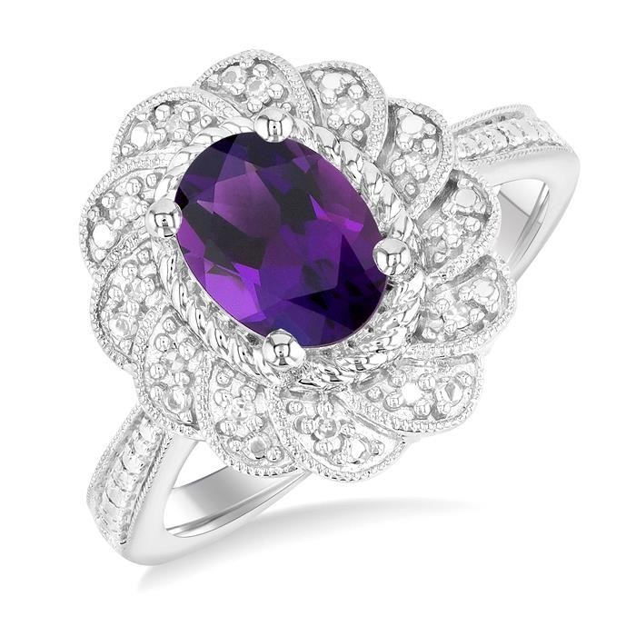 Silver Oval Shape Gemstone & Diamond Ring