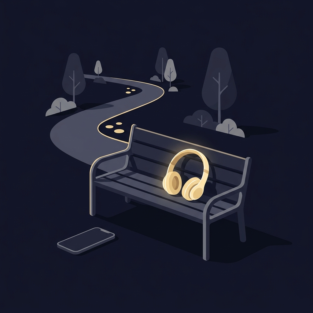 Minimal vector of headphones on a park bench and a path symbolizing active recovery and The Value of Taking a Day Off from Trading in dark branded palette