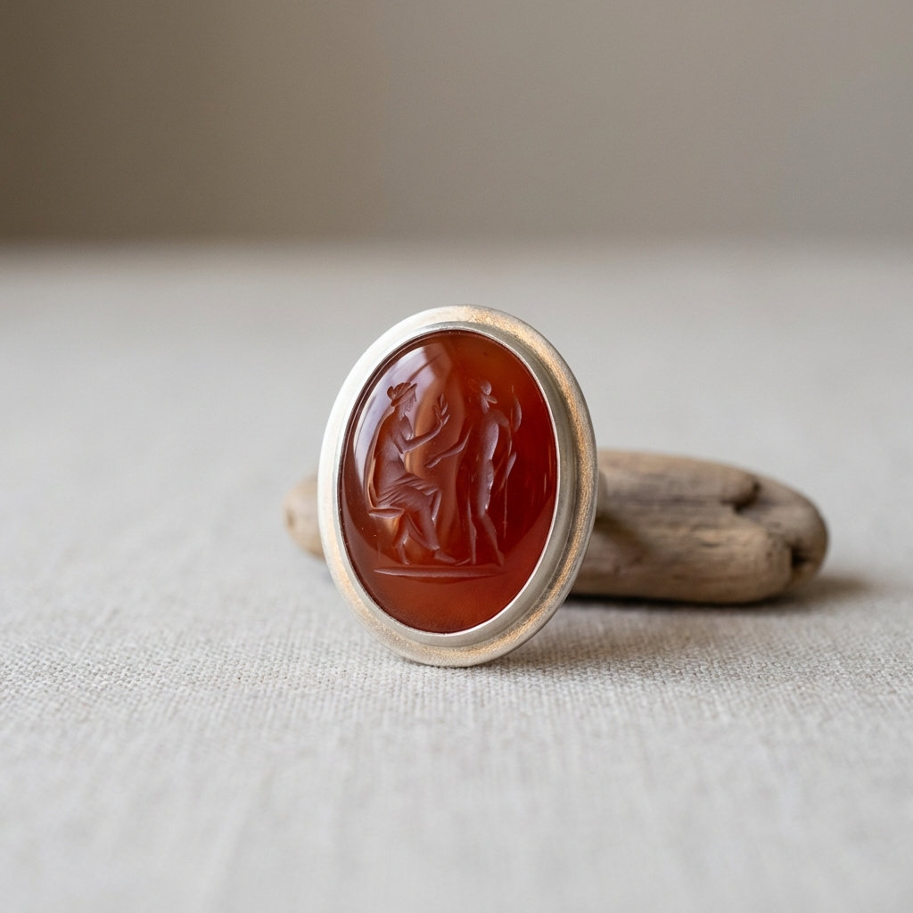 Macro view of ancient roman rings carnelian intaglio set in silver showing carved lines bezel seat and warm accent glints on a cream background