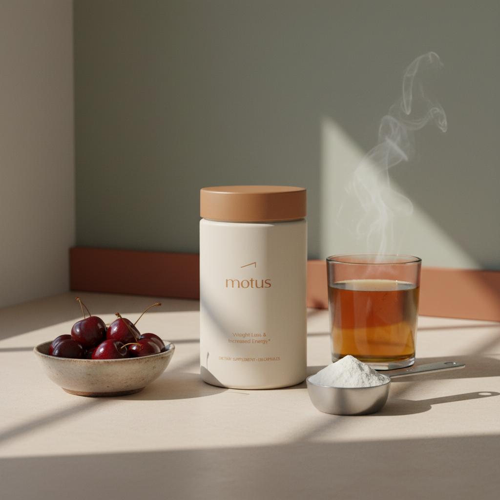 Motus bottle with tart cherries, powdered casein scoop and decaf green tea on a soft beige counter — minimalist lifestyle shot illustrating what burns fat while you sleep