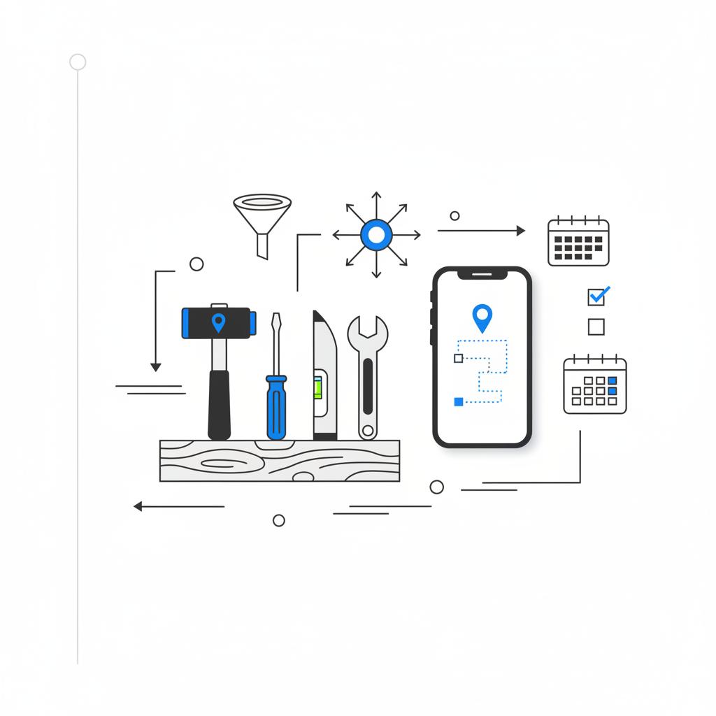 Vector notebook-style illustration of neatly arranged tools and a sketched smartphone map pin with marketing diagrams to promote myself as a handyman