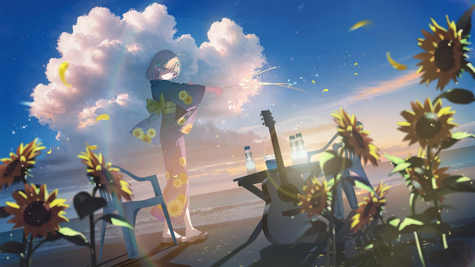 Summer Sunset Sparkler On The Beach 4K Desktop Wallpaper