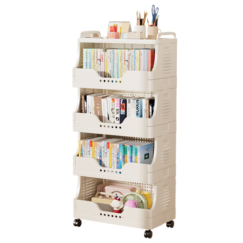 Plastic bookcase with wheels, multi-layered