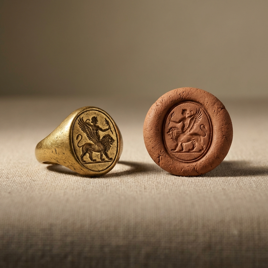 ancient greek signet ring carved intaglio bezel beside matched clay impression on neutral ede7da background museum style lighting shallow depth of field