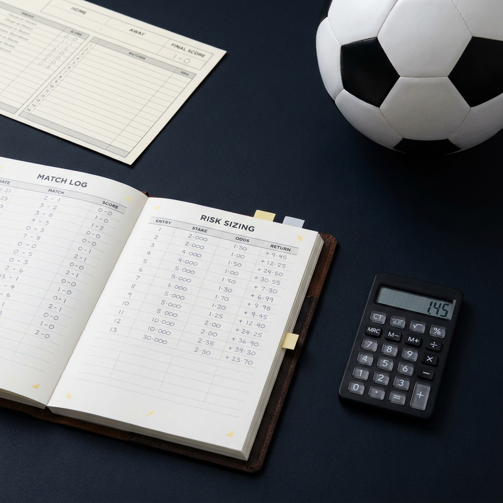 Close up of journal calculator soccer ball and score sheet illustrating disciplined logging and sizing for bettors Why Low-Scoring Sports Require Different Risk Management
