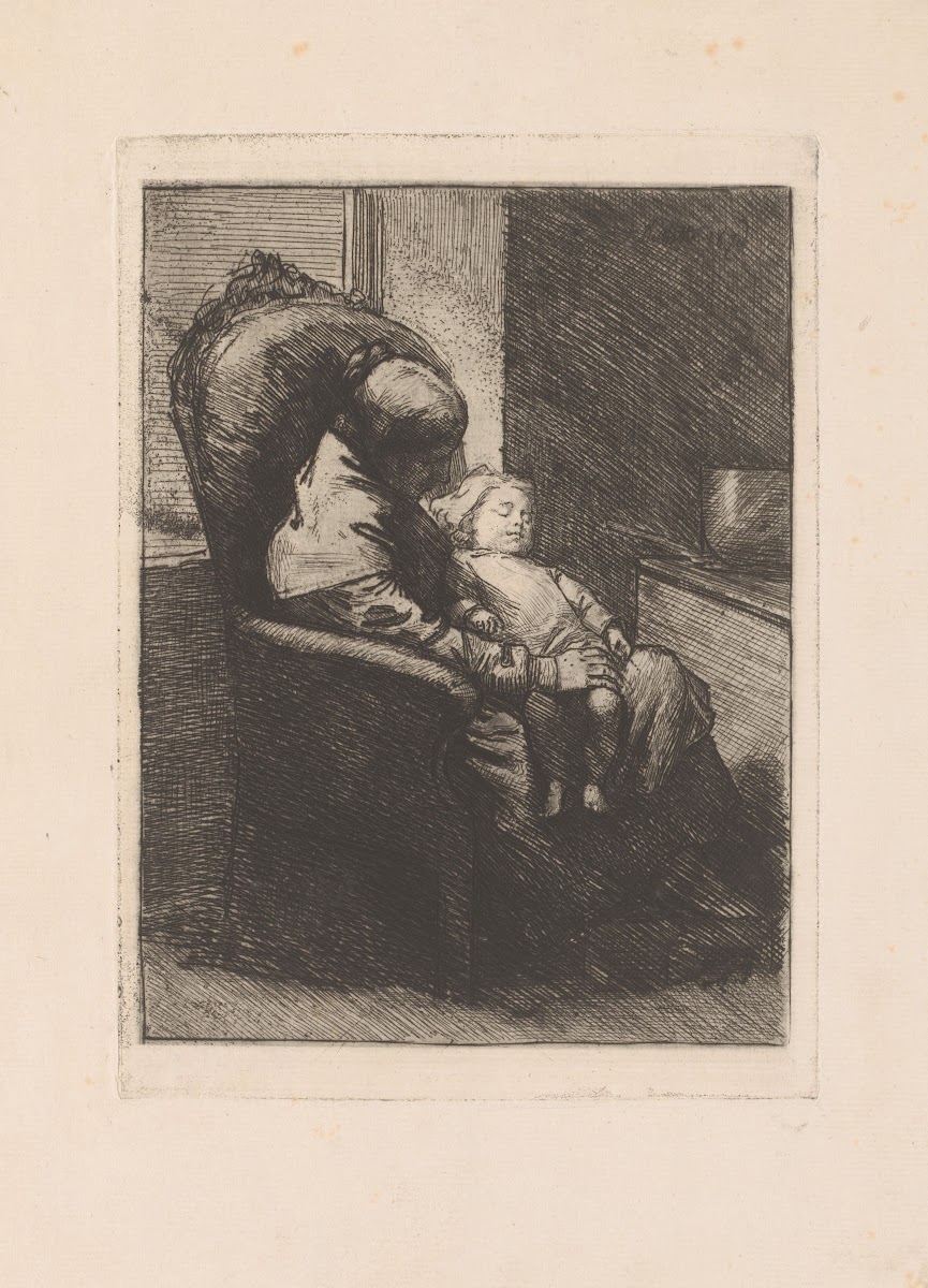 Mother sitting in a chair with a sleeping child on her lap 1876