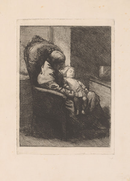 Mother sitting in a chair with a sleeping child on her lap 1876