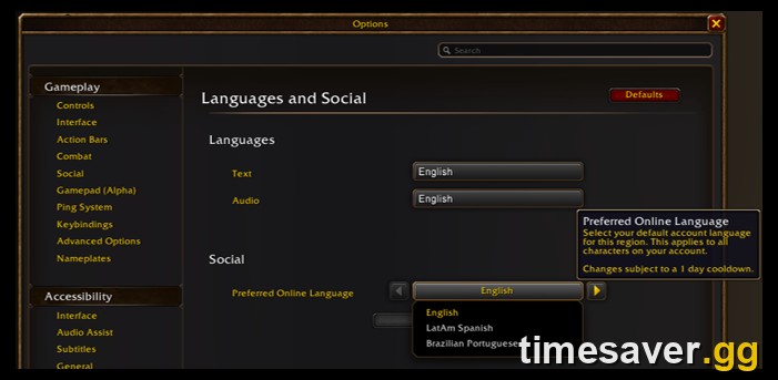 WoW Forever preferred online language setting in Blizzard's official interface preview