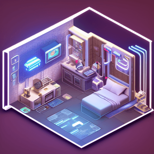 Lindo dormitorio ciberpunk isométrico en sección transversal