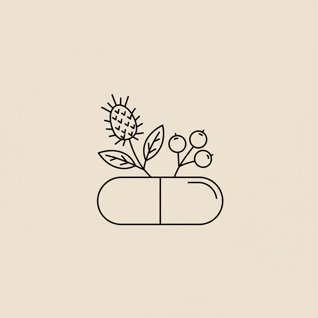 Minimal Tonum-style line illustration of a capsule, milk thistle sprig, and berries on beige background, symbolizing a belly fat burner.