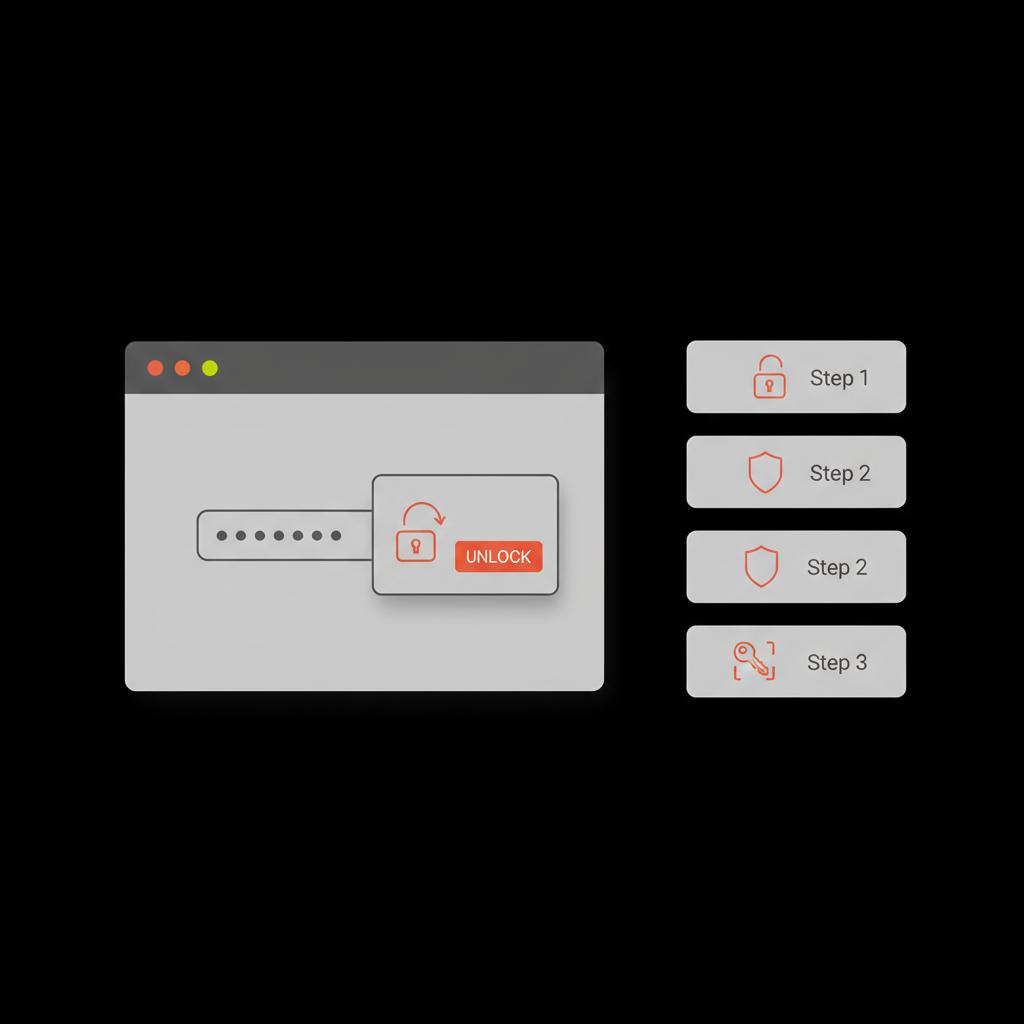 Minimal infographic on black background showing a browser window with masked password and unlock prompt, muted gray panels and orange accent icons illustrating google account recovery.