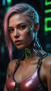 Cyberpunk Woman with Pink Hair and Glowing Neck Implants