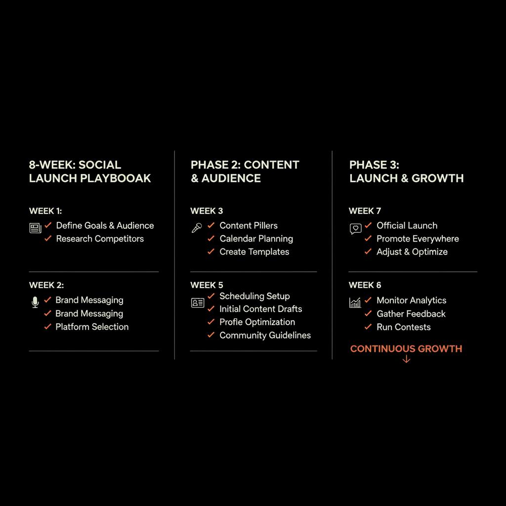 Minimal 3-column 8-week checklist infographic on black background with brand colors and small icons for press, ID and engagement to get verified on Instagram