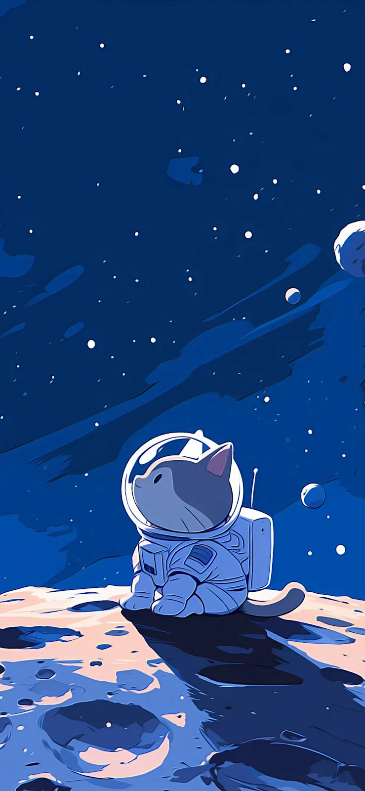 Small Astronaut Cat On The Moon - Digital Illustration Full HD iPhone Wallpaper (1170x2534)
