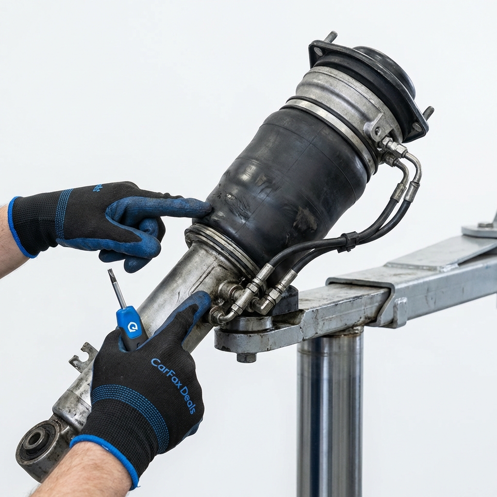 Close up of a Range Rover air suspension strut on a lift with mechanic hands highlighting wear points and pressurized bag used range rover for sale