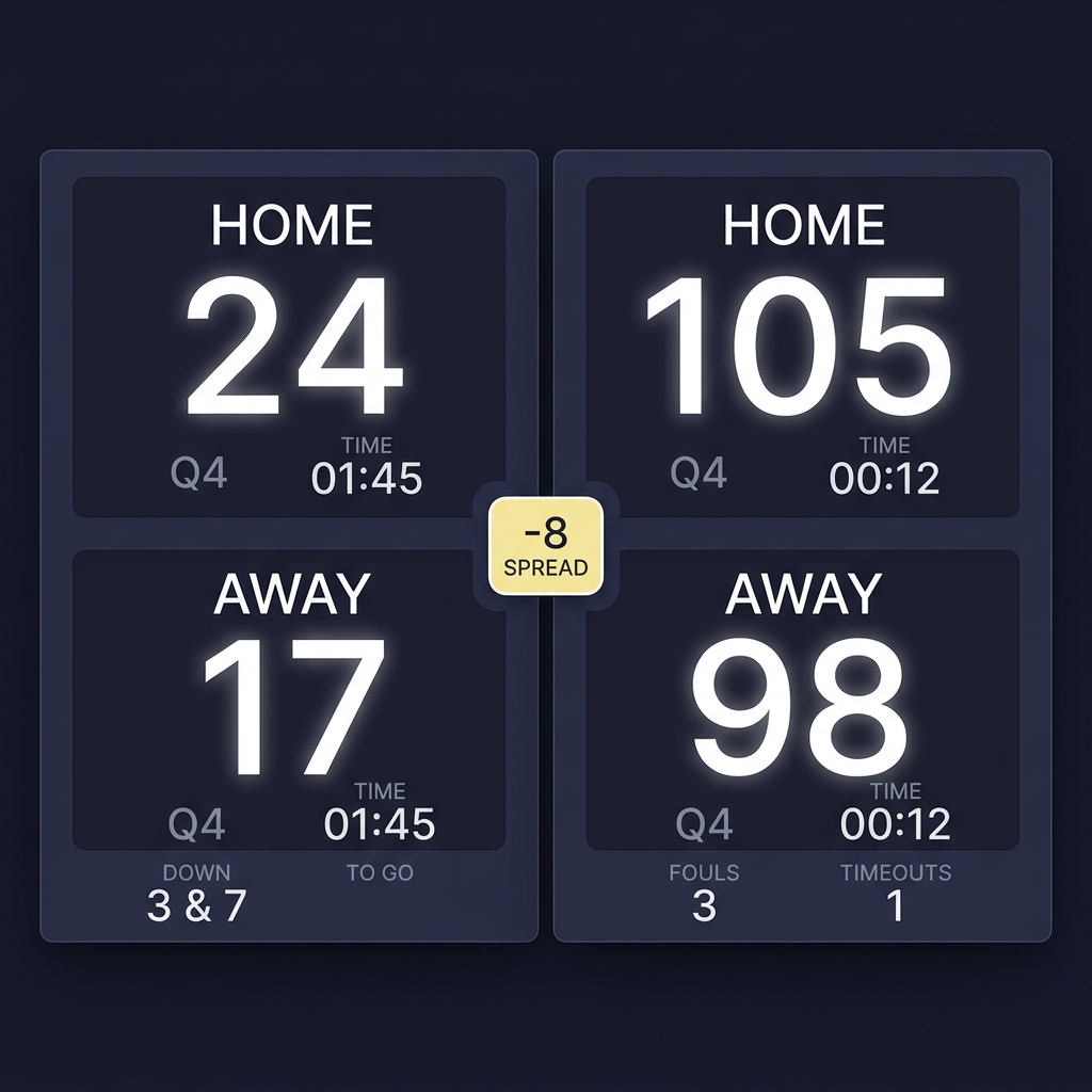 Minimal split scoreboard with football left and basketball right and a centered accent badge showing -8 spread highlighted for 8 bets on dark Funded Plays brand background
