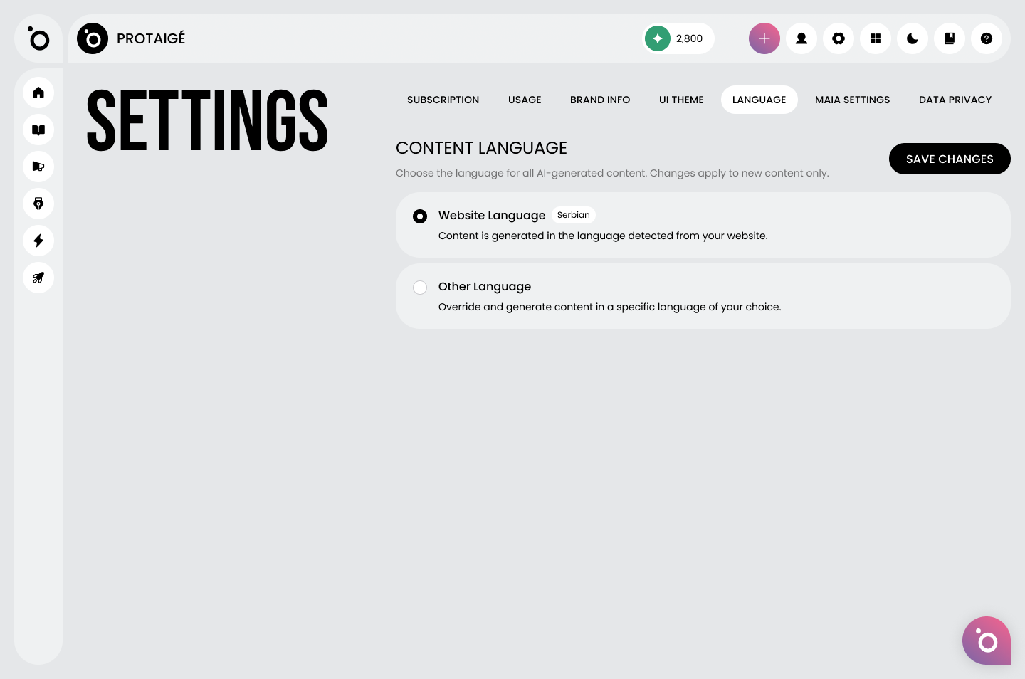 The Content Language setting with Website Language (auto-detected) and Other Language options