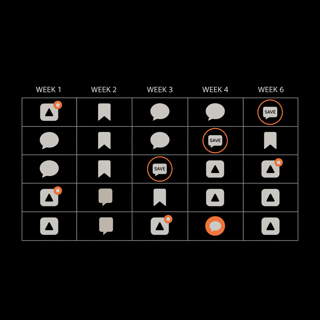 Minimal 2D vector six-week testing calendar infographic showing small post, comment, and save icons in a clean grid using brand colors for top 3 Instagram hashtags