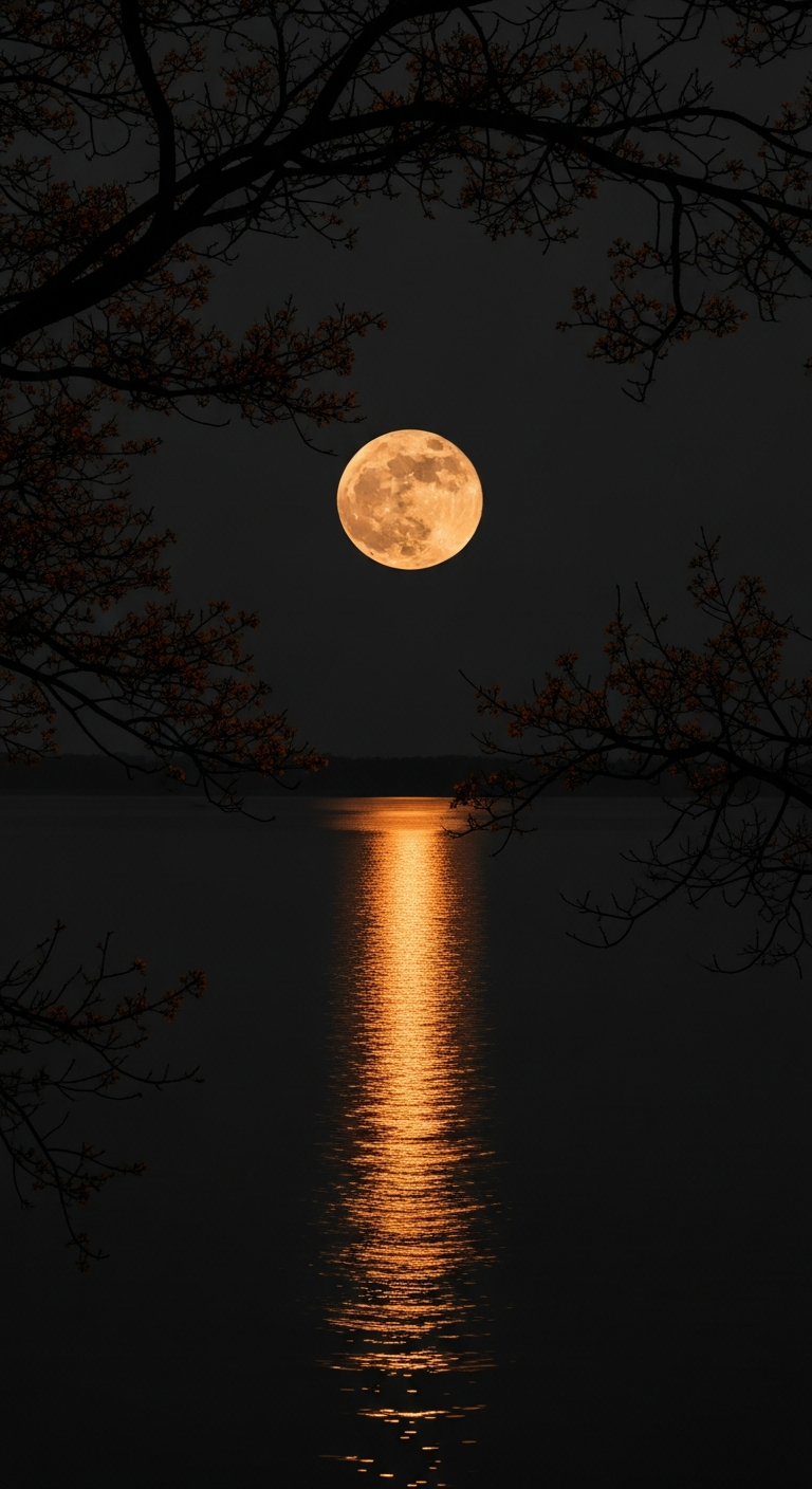 Eerie Orange Full Moon Reflection on Dark Water Framed by Night Tree Branches - Free 4K mobile Wallpaper