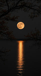 Eerie Orange Full Moon Reflection on Dark Water Framed by Night Tree Branches