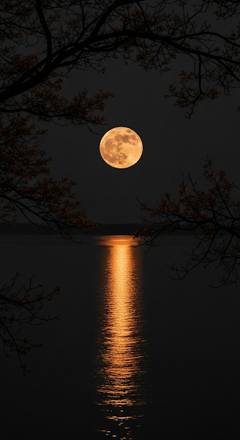 Eerie Orange Full Moon Reflection on Dark Water Framed by Night Tree Branches