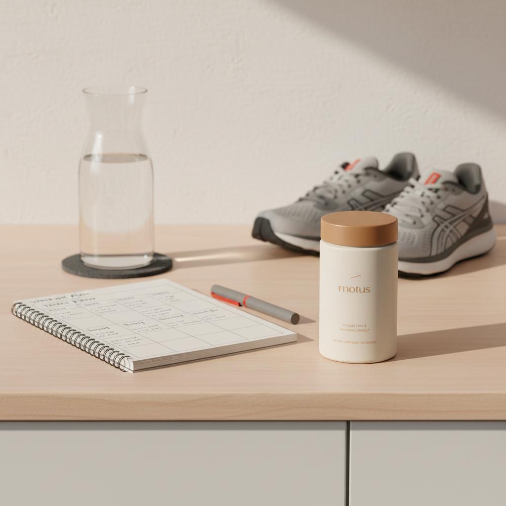 Tonum Motus jar on a tidy kitchen counter beside a weekly workout notebook and running shoes in soft morning light to activate AMPK naturally