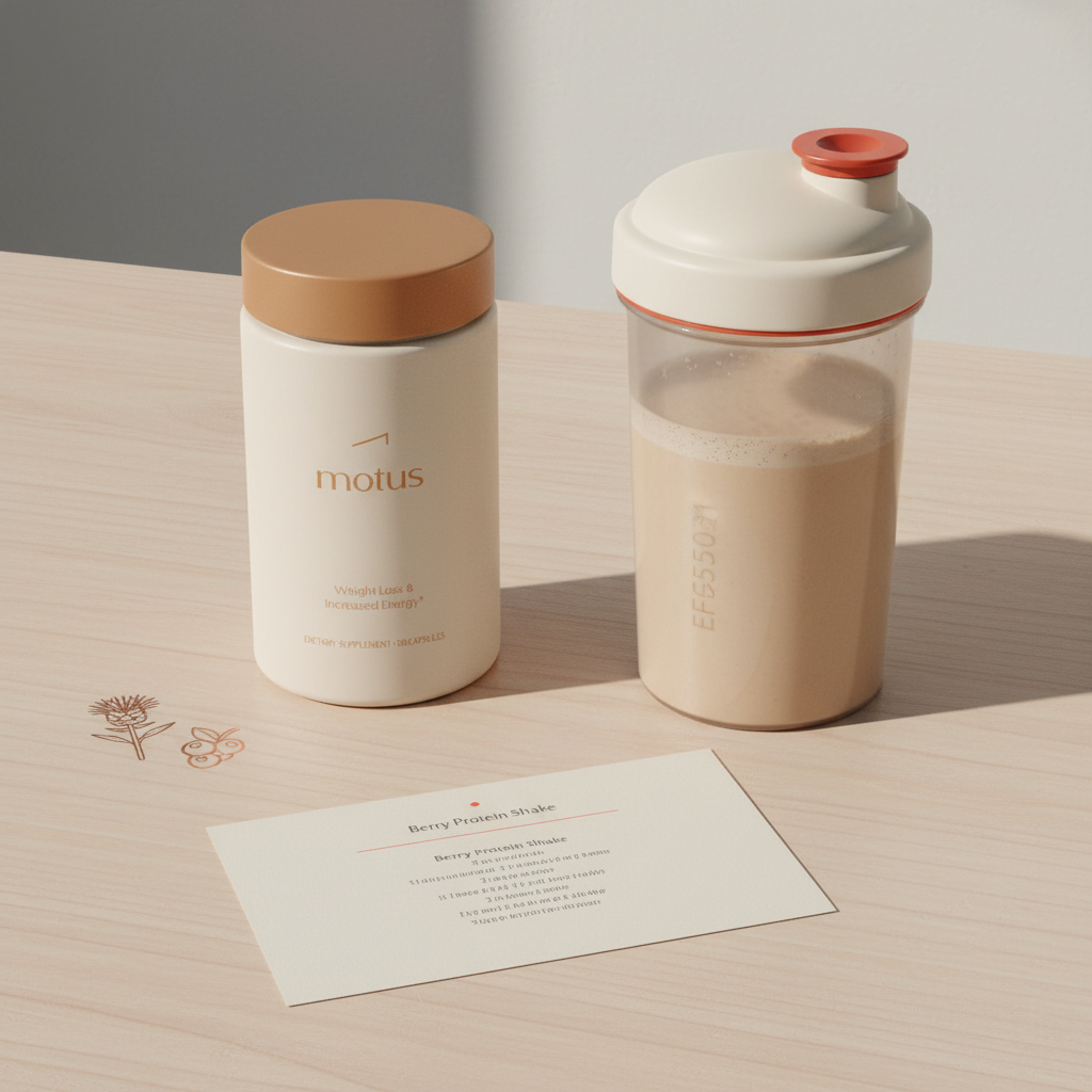 Minimal lifestyle photo of Tonum Motus jar with creamy shake in a shaker, folded berry recipe card and milk thistle and berry icons on a wooden table — best weight loss shakes