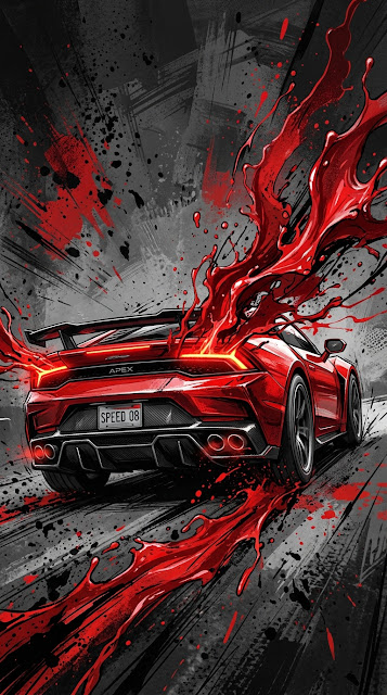 Abstract Digital Art of a Sports Car with Dynamic Red Paint Splashes - Free mobile Wallpaper