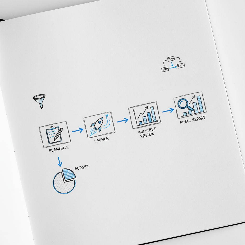 Notebook sketch mapping a two-week ad test with hand-drawn boxes and icons for planning, launch, review and report, charcoal lines and blue highlights &mdash; X advertising ROI