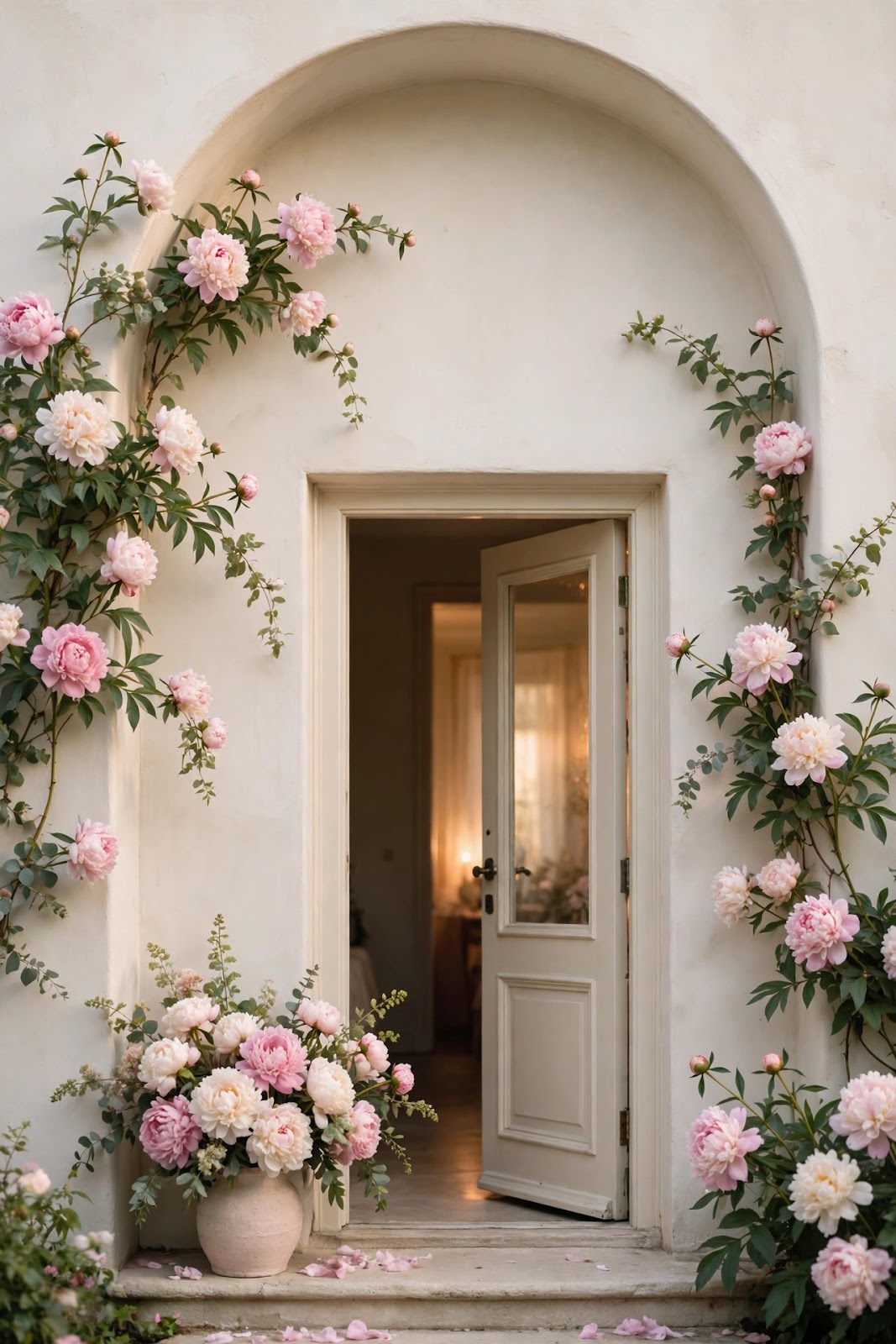 A welcoming doorway framed with climbing peonies