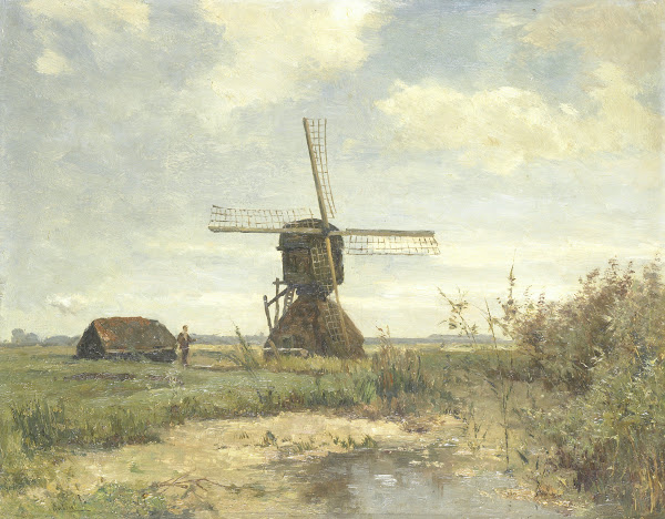 Sunny Day a Windmill on a Waterway c 1860   c 1903