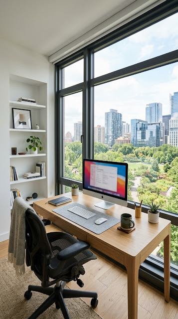 Modern Home Office with Ergonomic Chair and Sprawling Park View - Free mobile Wallpaper