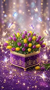 Purple and Yellow Tulips in a Heart-Shaped Gift Box with Butterflies