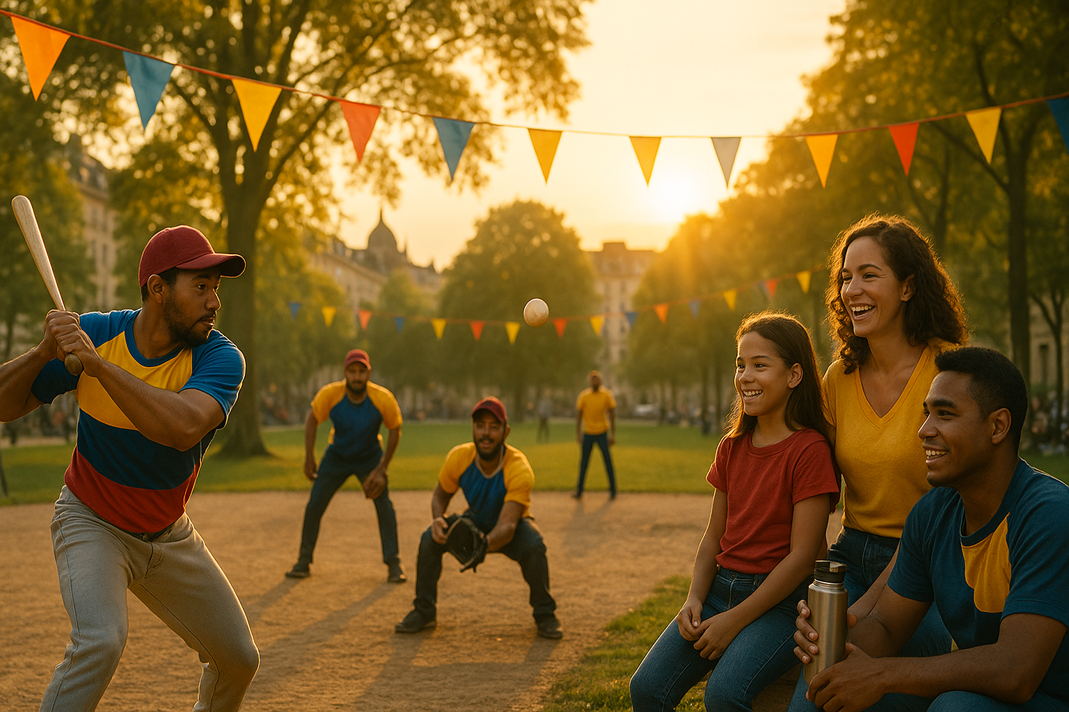 Jugadores venezolanos de distintas edades jugando béisbol en un parque urbano extranjero, con familias animando alrededor al atardecer