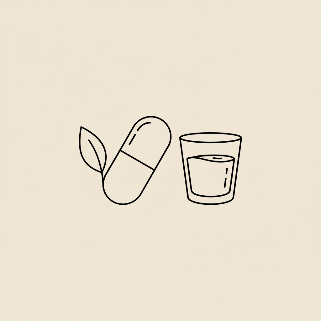 Minimalist Tonum-style line illustration of a capsule, leaf, and glass of water on beige background representing magnesium glycinate supplement