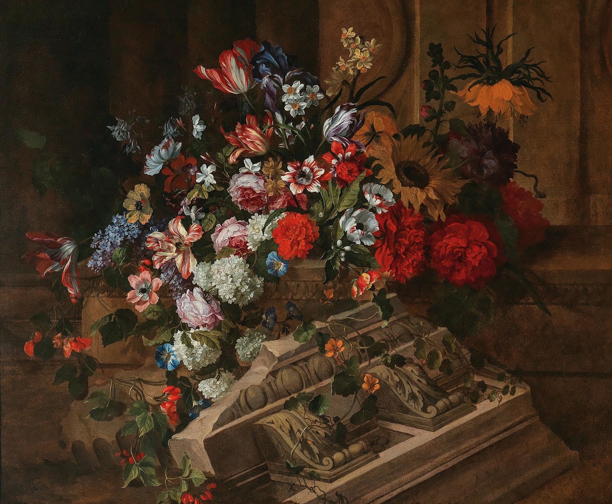 Flowers near a classical cornice on a terrace