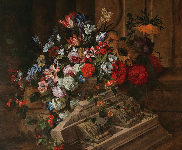 Flowers near a classical cornice on a terrace