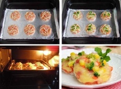 Rắc thịt nguội cắt nhỏ, phô mai lên trên. Tiếp theo rắc bắp, cà rốt, dưa leo lên trên cùng. Đặt bánh vào lò nướng. Nướng ở nhiệt độ 180°C trong 10 phút.