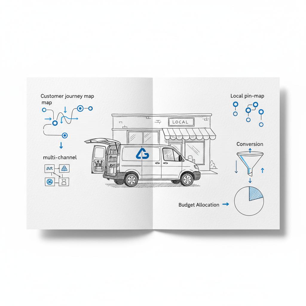 Notebook-style sketch of a service van parked outside a tidy local storefront with surrounding marketing diagrams illustrating Google local service ads strategy