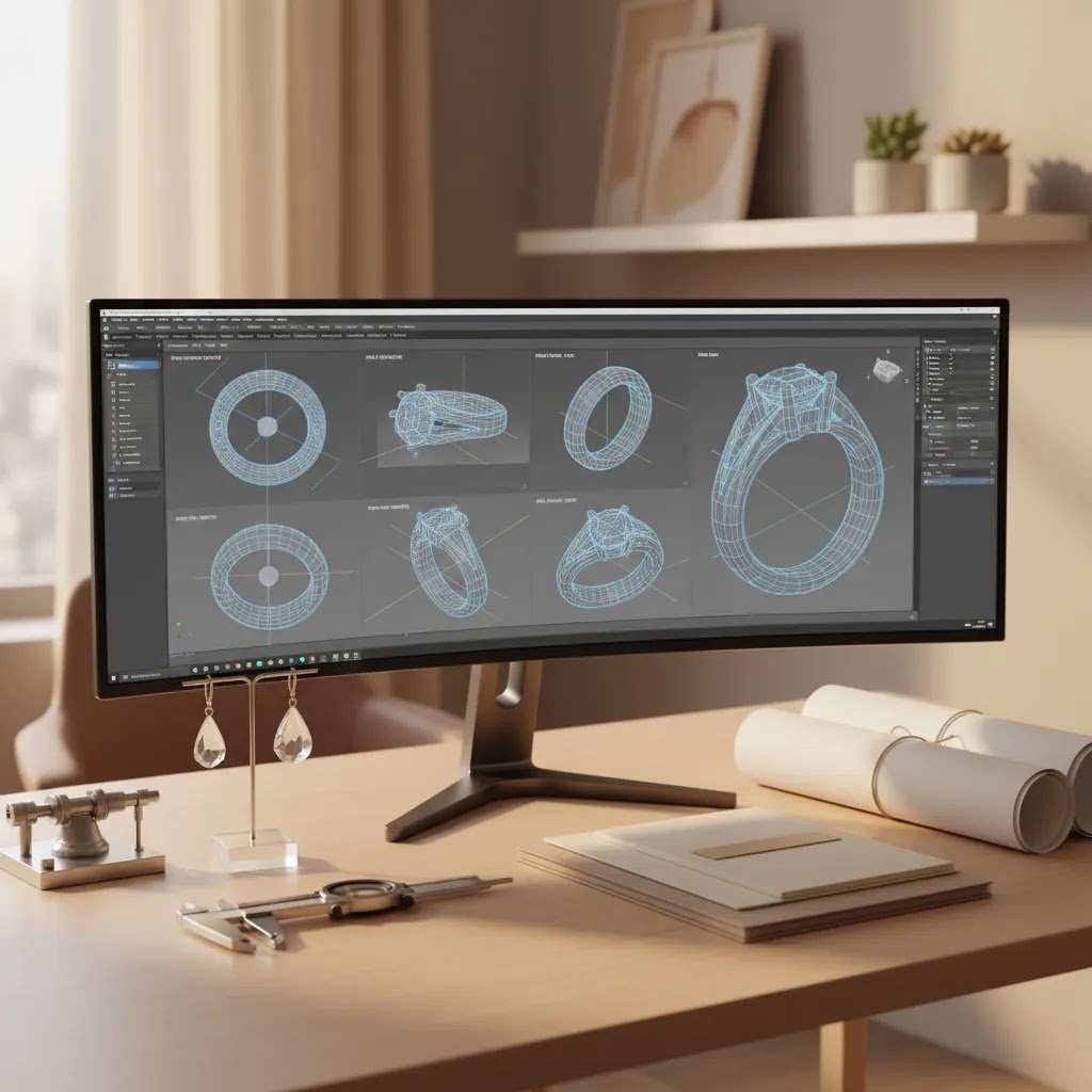 Jewelry CAD services deliverables with technical 3D model views dimensions and production-ready details