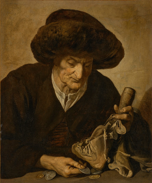 An elderly woman counting coins