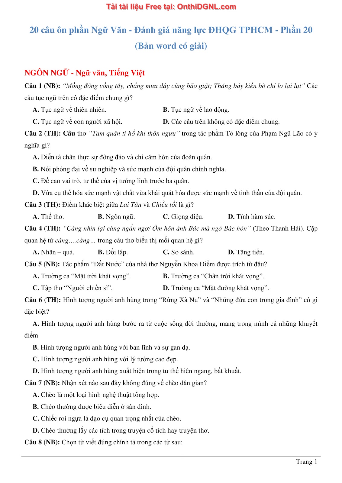 500 bài tập môn Ngữ Văn - Ôn thi ĐGNL ĐHQG TP HCM Phần 20