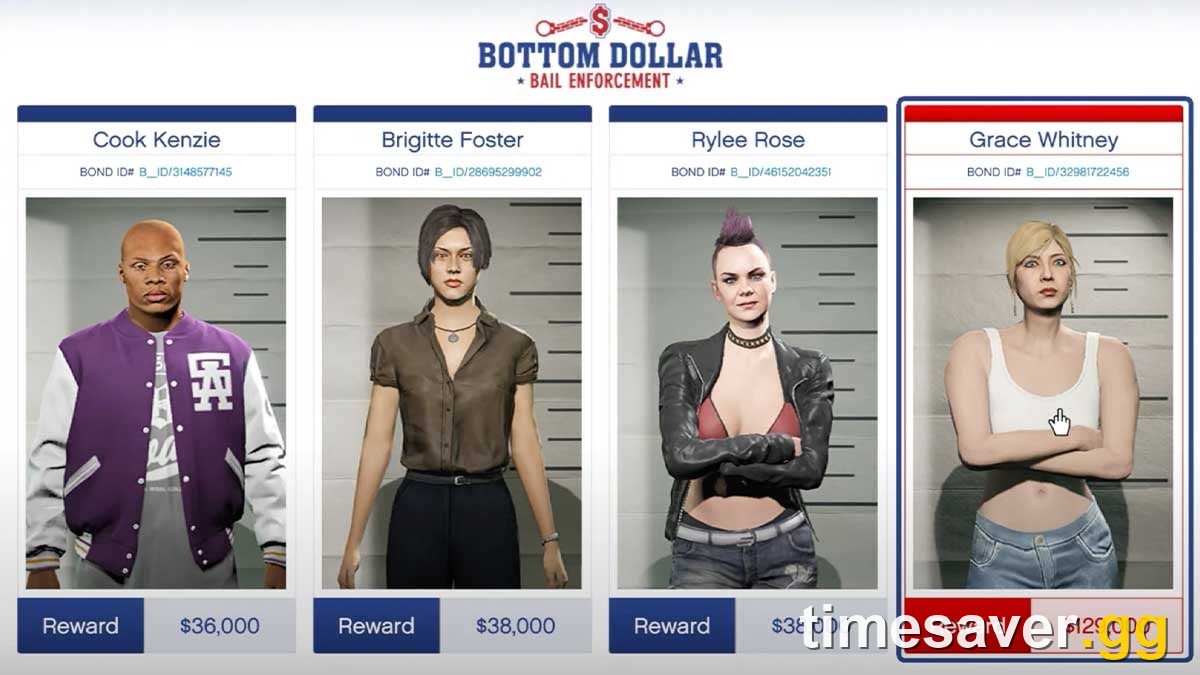 GTA Online Bail Enforcement System board showing three Standard targets at $36,000 and $38,000 alongside Most Wanted target Grace Whitney at $129,000