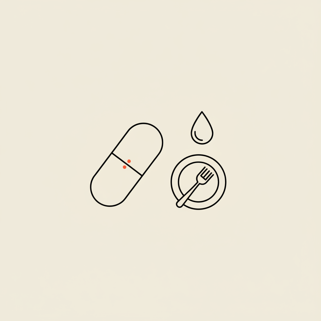 Minimalist line illustration of a capsule, small plate with fork, and water droplet on a beige background representing b12 weight loss and simple, science-backed healthy habits.