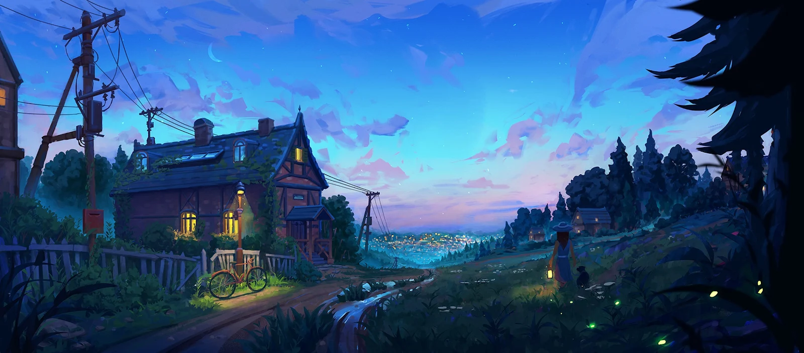 A Stunning Landscape, House, Sky, Anime, Bicycle Full HD Desktop and Mobile Wallpaper Background (2457x1080)