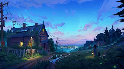 Landscape, House, Sky, Anime, Bicycle Full HD Wallpaper Background