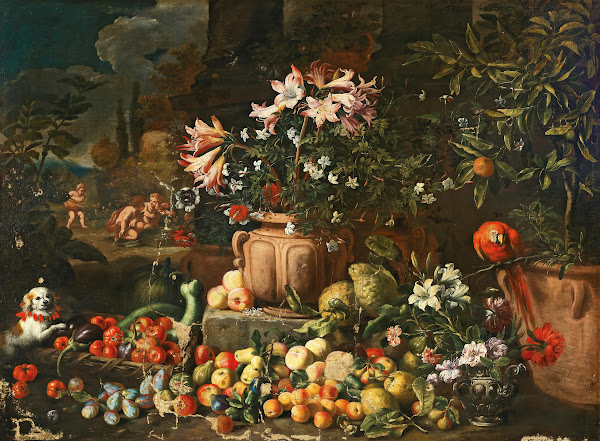 Still life of flowers with fruits putti and animals